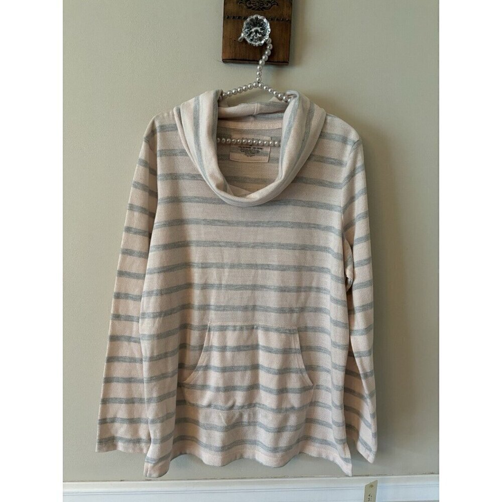 NWT Sonoma Womens Size L Pink Gray Striped Cowl Neck Top Long Sleeve